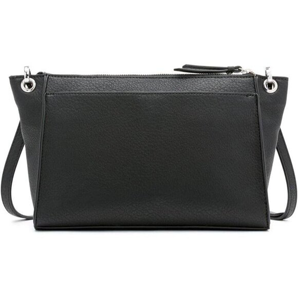 Vegan Leather Crossbody Bag Womens Small Black Silver Adjustable Pockets - Picture 3 of 5
